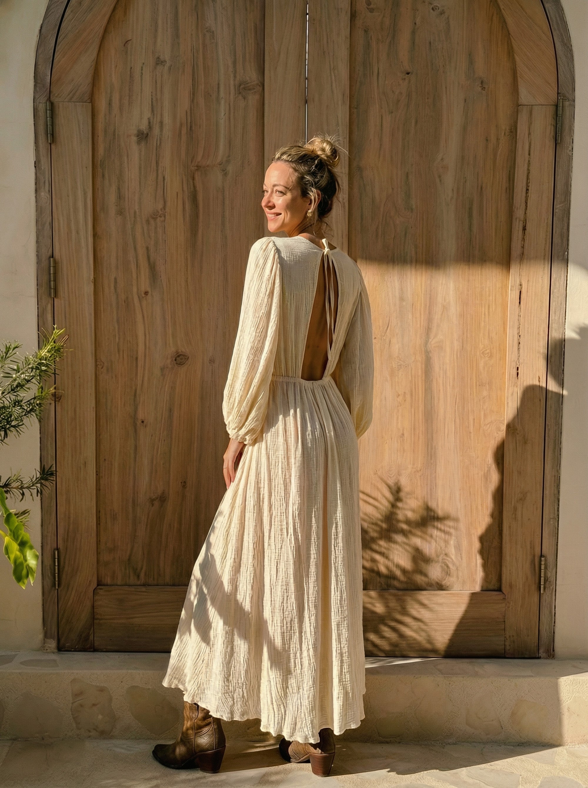 OMNI Beige Boho Open Back Muslin Maxi Dress