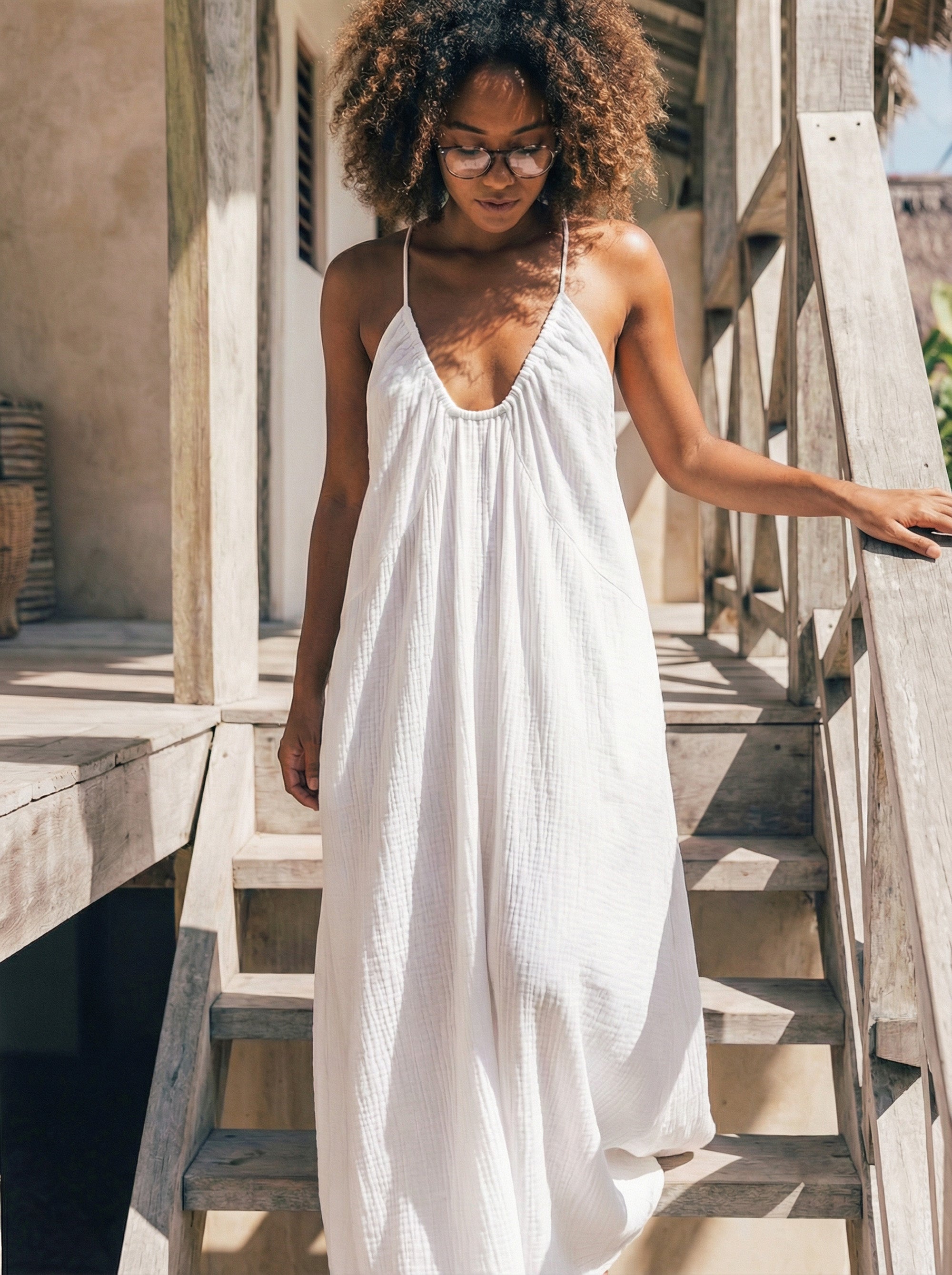 ADLEY White Flowy Cotton Maxi Dress