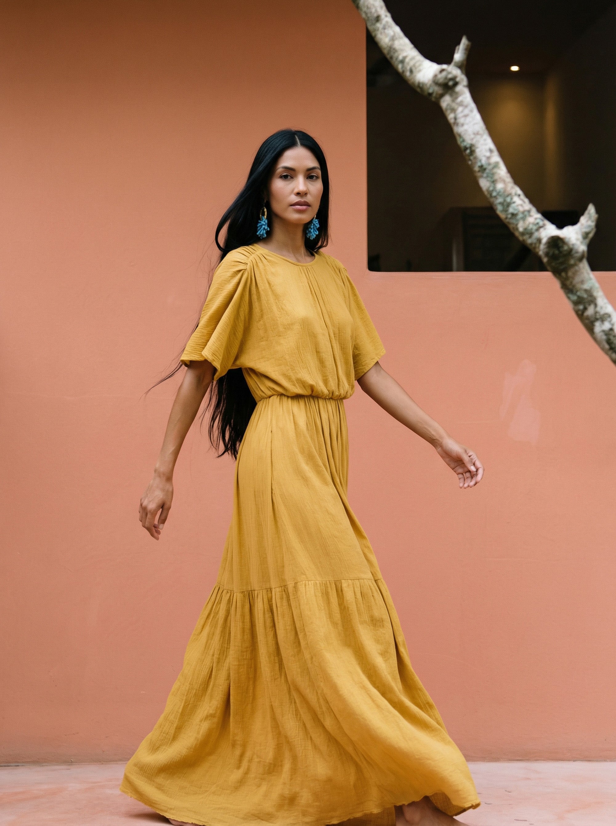 ISSA Mustard Boho Cotton Maxi Dress