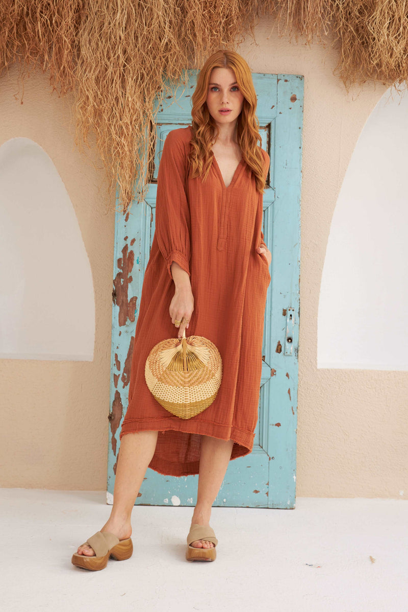 TERRACOTTA GAUZE DRESS WITH POCKETS