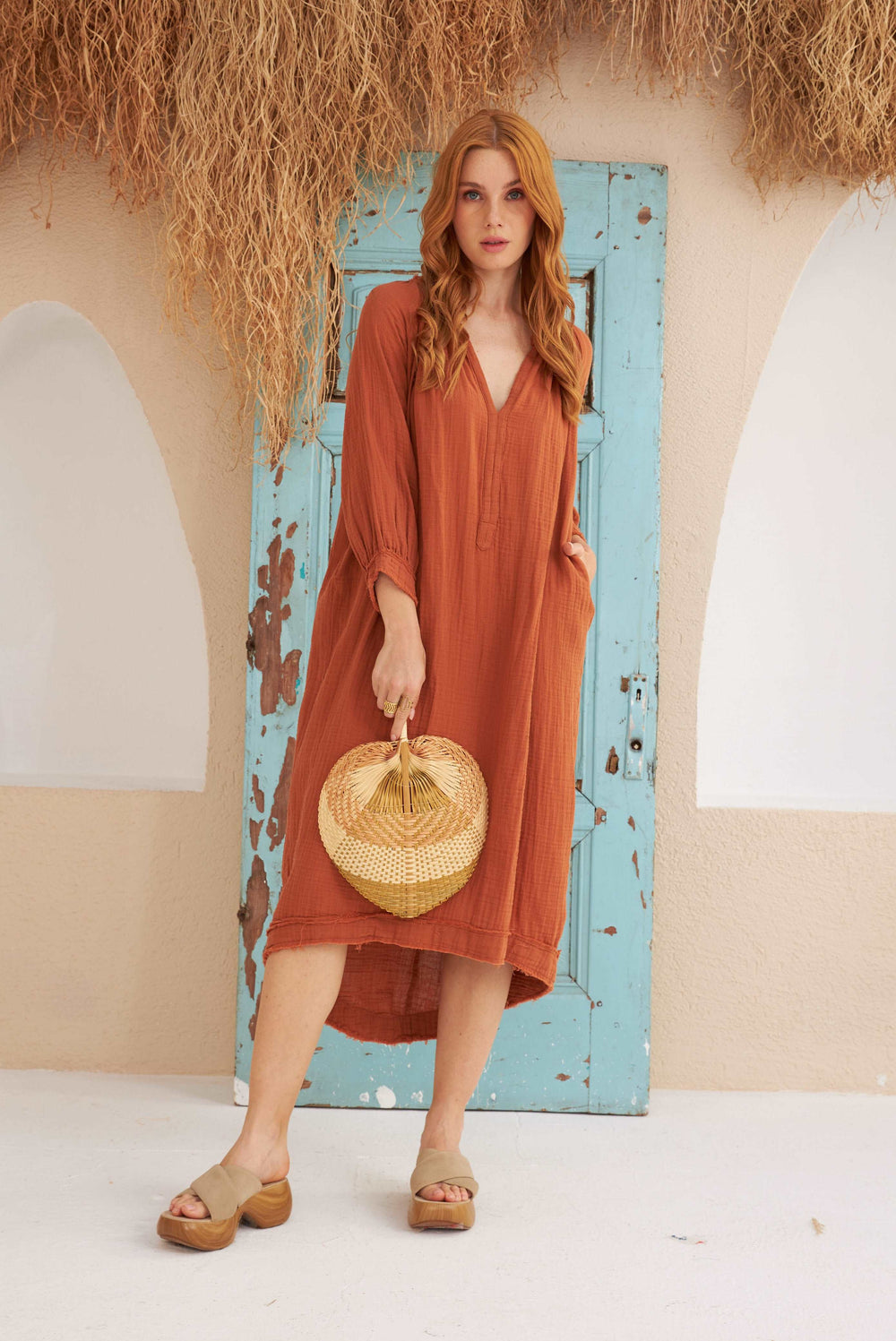 TERRACOTTA GAUZE DRESS WITH POCKETS