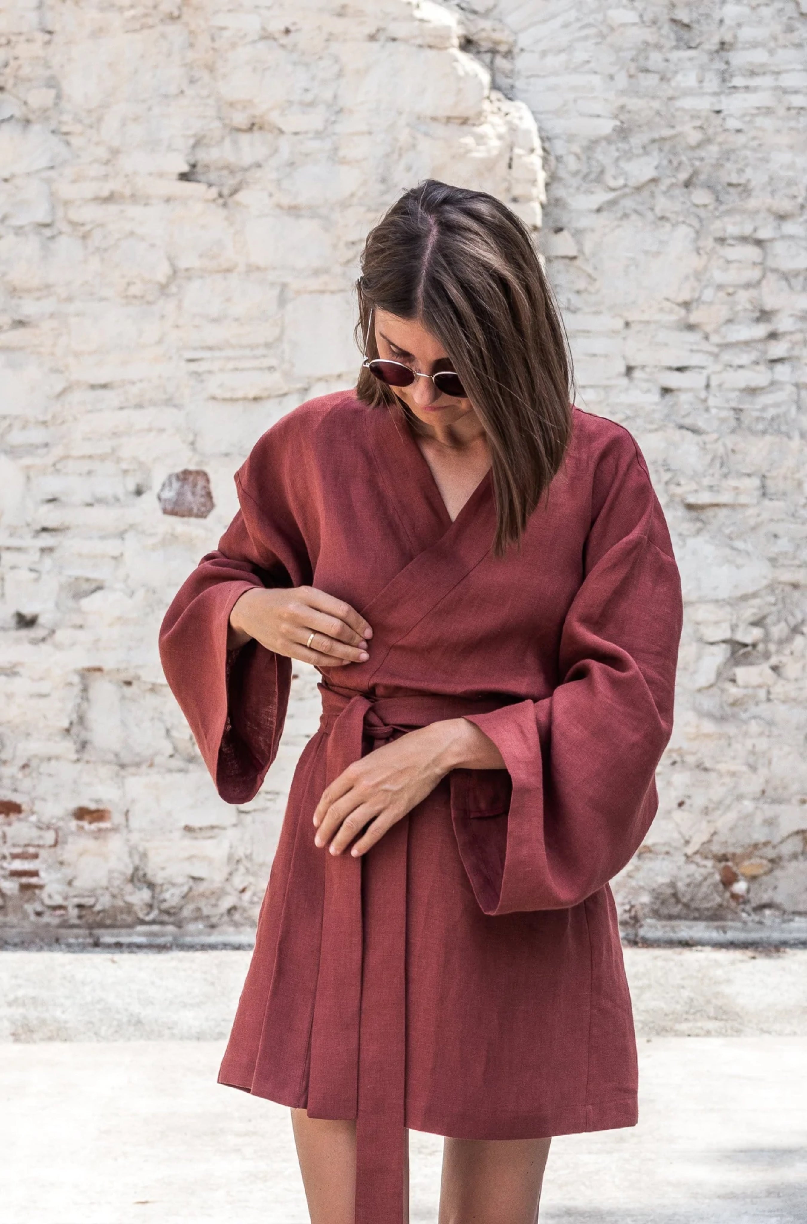 TERRACOTTA LINEN SHORT KIMONO