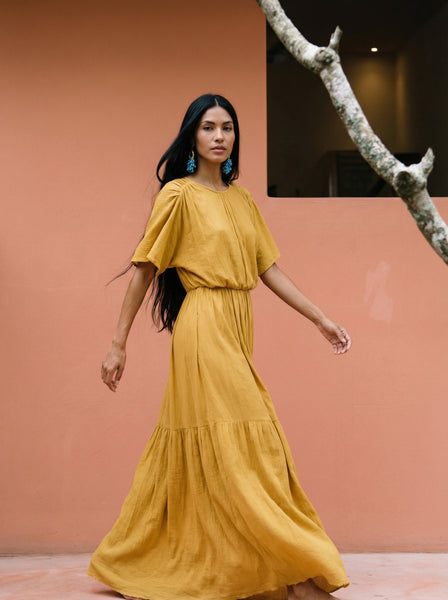 ISSA Mustard Boho Cotton Maxi Dress