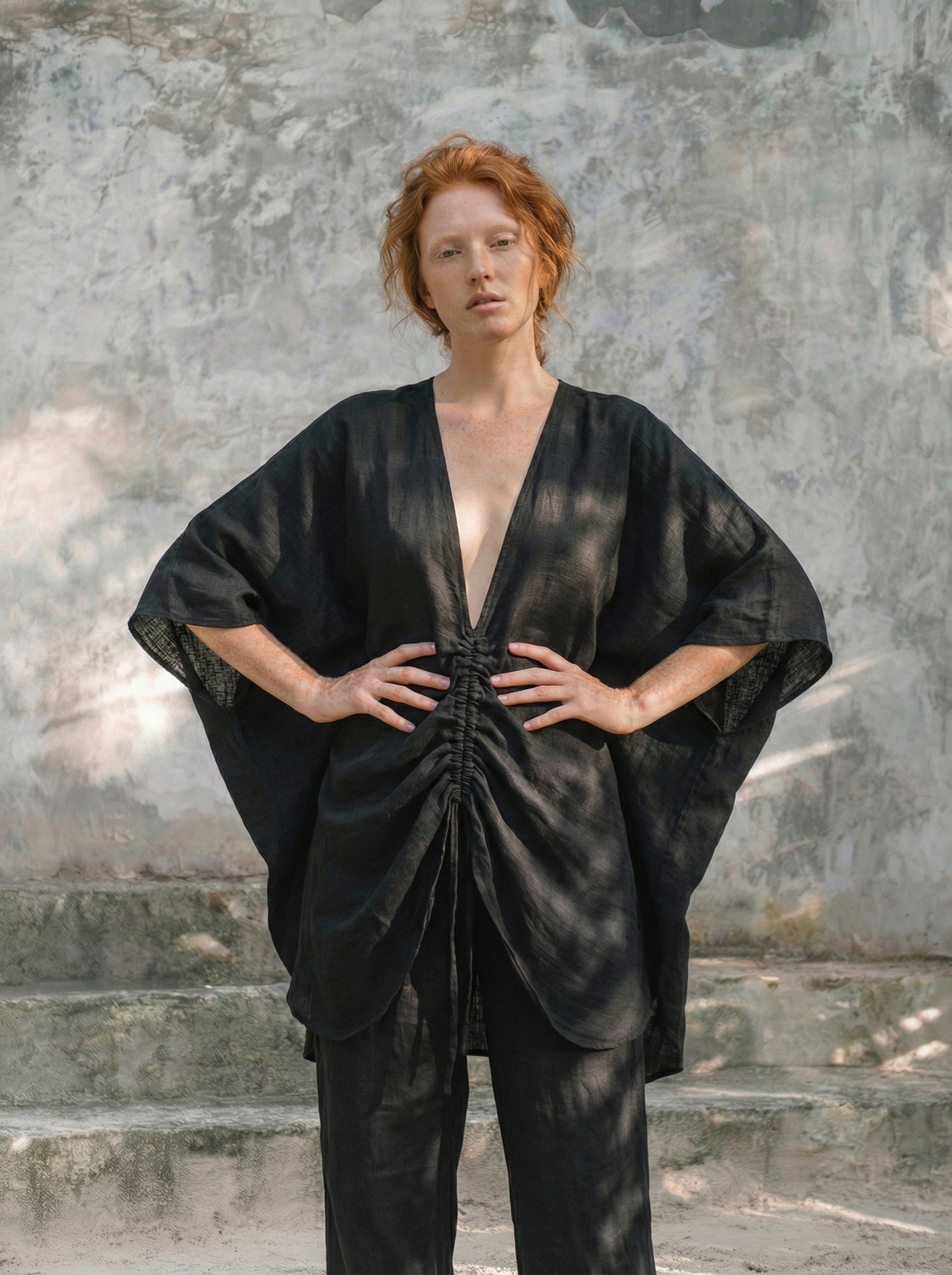 ALA Ruched V-Neck Batwing Blouse