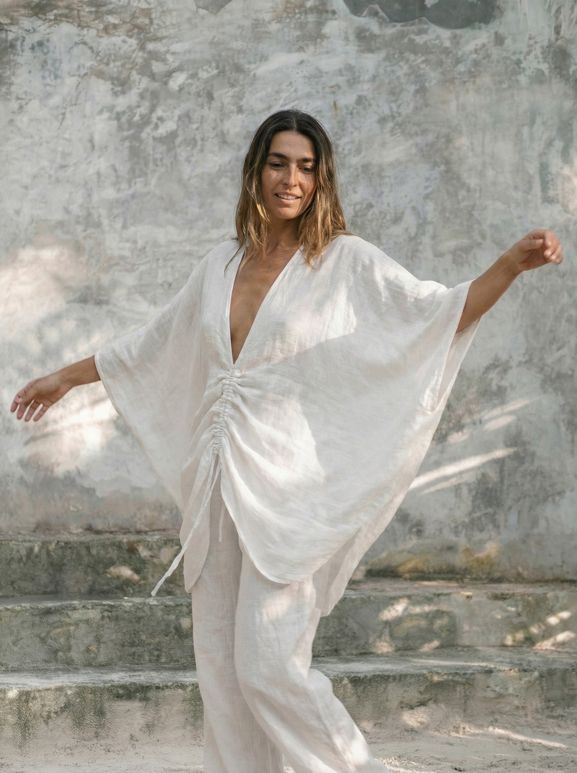 ALA Ruched V-Neck Batwing Blouse