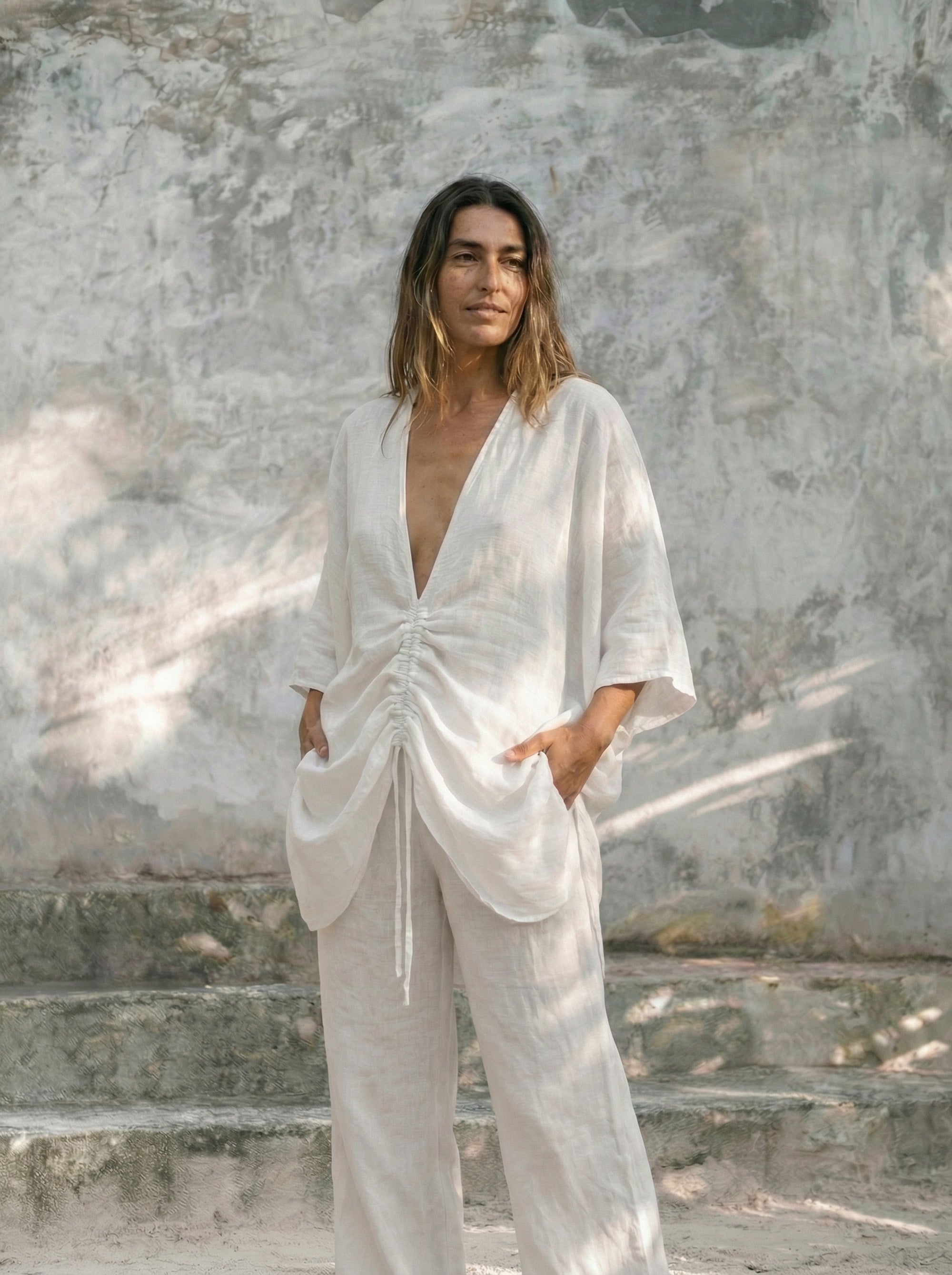 ALA Ruched V-Neck Batwing Blouse