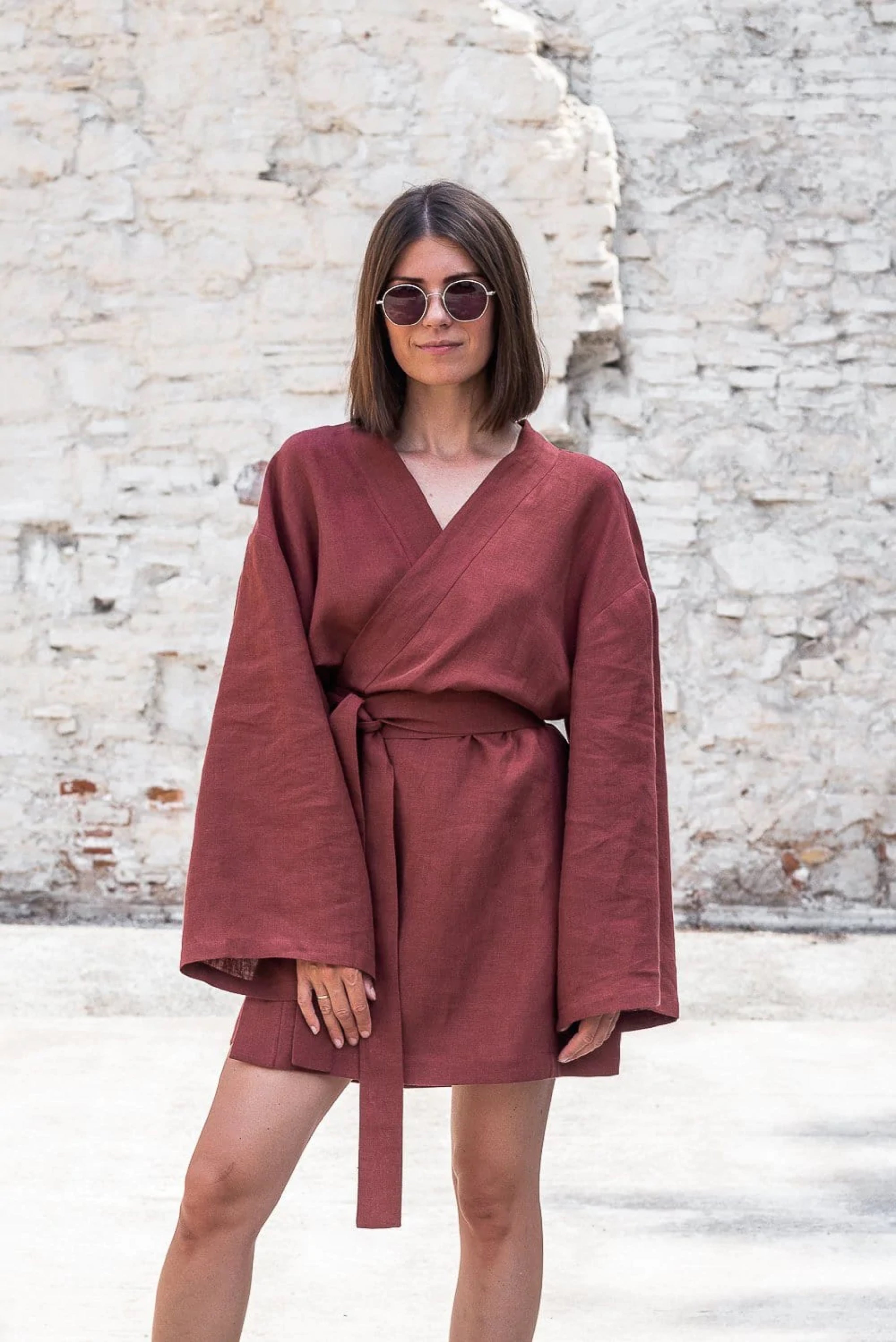 TERRACOTTA LINEN SHORT KIMONO